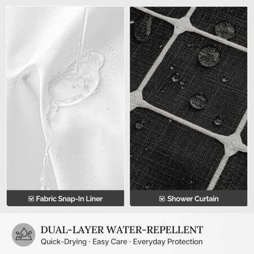 RiverDream Farmhouse No Hooks Shower Curtain with Snap-in Liner,Black,71x74