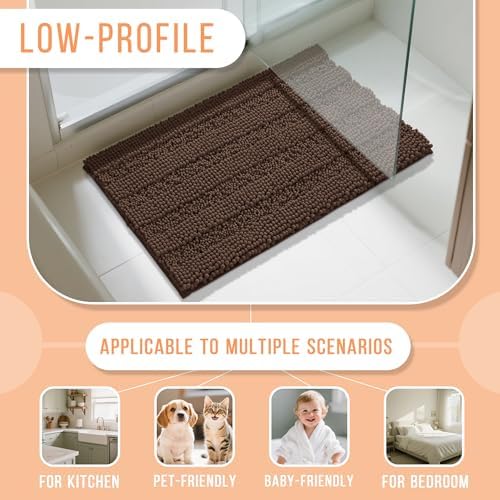Yimobra Bathroom Rug Mat, Non Slip and Super Absorbent Bath Mat, Machine Washable Quick Dry, Ultra Plush Chenille Shower Rugs for Bathroom Floor Sink Tub and Shower Outside, Brown, 24 x 17