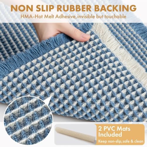 MIULEE Set of 2 Waffle Bathroom Rugs Boho Bath Mat Blue&Cream 18x30 Inch