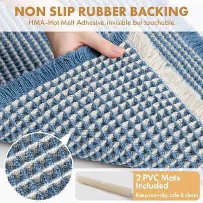 MIULEE Set of 2 Waffle Bathroom Rugs Boho Bath Mat Blue&Cream 18x30 Inch