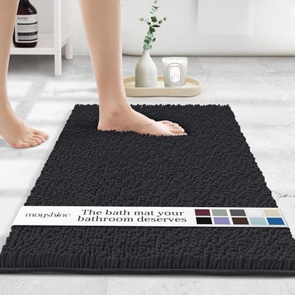 MAYSHINE Standard Plush Shaggy Chenille Bath Mat 32"x20" | Extra Soft, Super Absorbent, Non-Slip Bathroom Rug | Fluffy Microfiber, Area Rug Sets for Bathroom Floor, Kitchen, Living Room | Black
