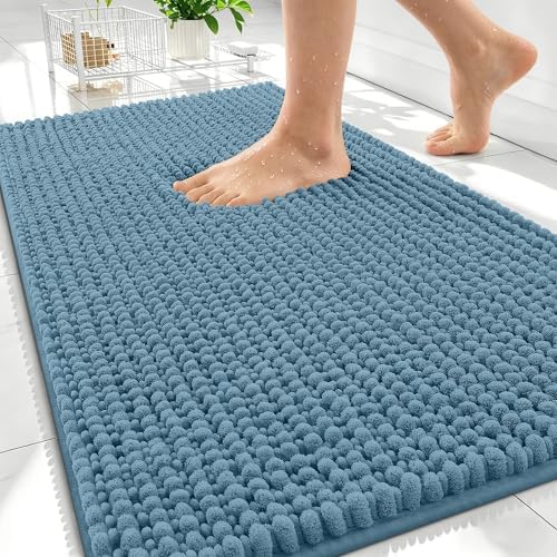 OLANLY Thick Chenille Absorbent Bathroom Rugs Mat 34x21, Airy Blue