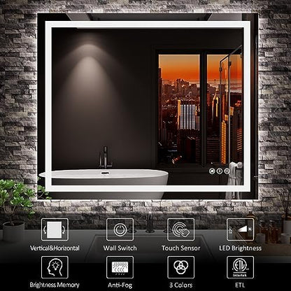 Amorho LED Mirror for Bathroom, 36"x30" with Front Light and Backlight