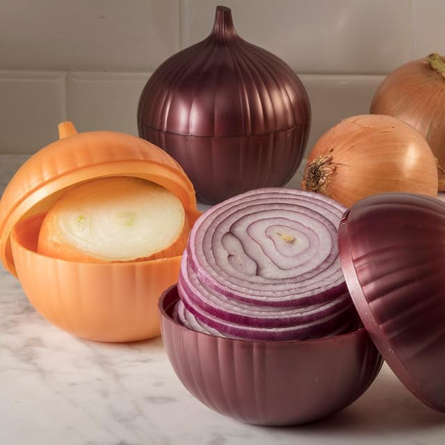 Hutzler Onion Saver Keeper Storage Container Set - Keeps Fresh Longer - 2 Pack - Yellow and Red Onion Set