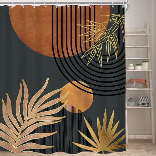 Mid Century Brown Black Boho Abstract Modern Bathroom Shower Curtain Set
