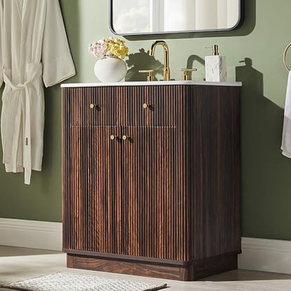 T4TREAM 30" Fluted Bathroom Vanity with Single Sink, Dark Walnut