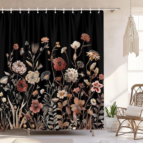Vintage Boho Black Floral Shower Curtain, Beige Brown Cream Tan Rustic Farmhouse Flower Shower Curtain Set, Cute Botanical Wlidflowers Fabric Shower Curtains Decoration, 72X78 Bathroom Accessories