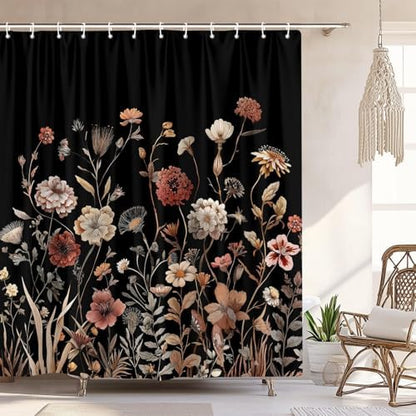 Vintage Boho Black Floral Shower Curtain, Beige Brown Cream Tan Rustic Farmhouse Flower Shower Curtain Set, Cute Botanical Wlidflowers Fabric Shower Curtains Decoration, 72X78 Bathroom Accessories