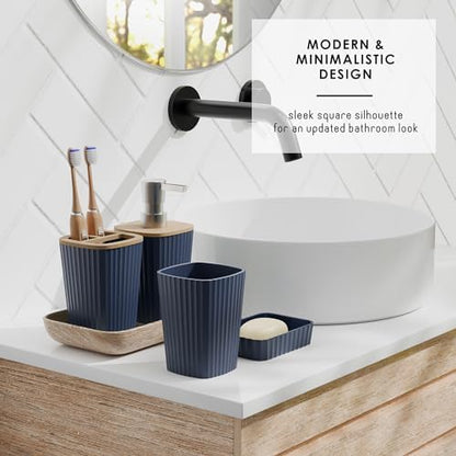 Clara Clark Bathroom Set - Navy Blue Bathroom Accessories Set, 6PC Bathroom Accessory Set, Bathroom Sets with Bathroom Rugs, Adhesive Corner Shower Caddy Hanging, Toilet Brush & Trash Can