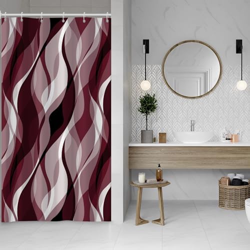 Burgundy Striped Shower Curtain with Hooks for Bathroom 60x72 Inch