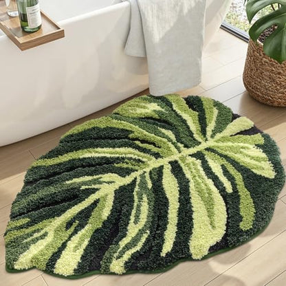 DEXI Cute Bath Mat, Green Leaf Monstera Bathroom Rugs 47x31.5