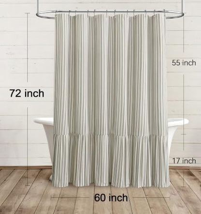 Farmhouse Shower Curtain Ruffle Linen Cream-Green Stripe 60"W x 72"L