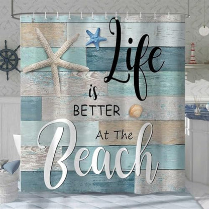 Beach Shower Curtain, Rustic Vintage Wood Ocean Quote Words Summer Fabric Decor Bath Curtain, Nautical Coastal Starfish Theme Bathroom Curtain Accessories with Hooks 72X84in