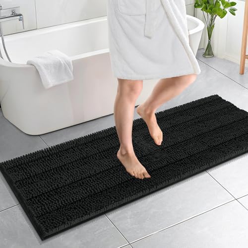 OLANLY Thick Bathroom Runner Rugs 59x20, Chenille Long Bath Rugs, Black