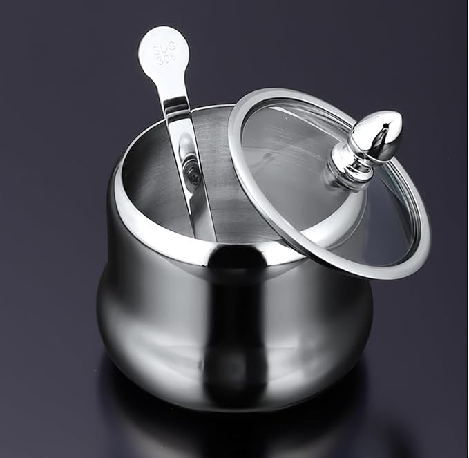 Tenta Tenta Kitchen 18/8 Stainless Steel Seasoning Box Condiment Jar Set Spice Jar Spice Rack Condiment Cruet Bottle Salt Pepper Sugar Storage Organizers with 3 Serving Spoons (Glass Lids)