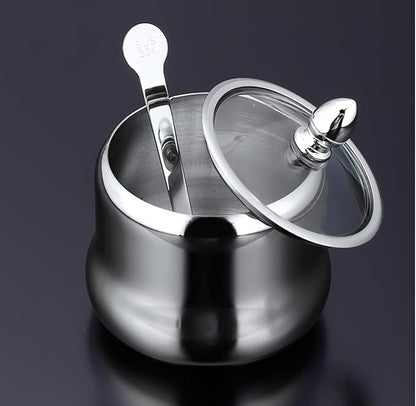 Tenta Tenta Kitchen 18/8 Stainless Steel Seasoning Box Condiment Jar Set Spice Jar Spice Rack Condiment Cruet Bottle Salt Pepper Sugar Storage Organizers with 3 Serving Spoons (Glass Lids)