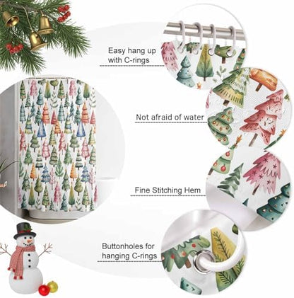 Christmas Tree Shower Curtain Bathroom Set Star Xmas Pine Trees Waterproof Shower Curtains with Grommets Hooks Colorful Cartoon Style Privacy Bath Curtain for Bathtub Decor 72x72in