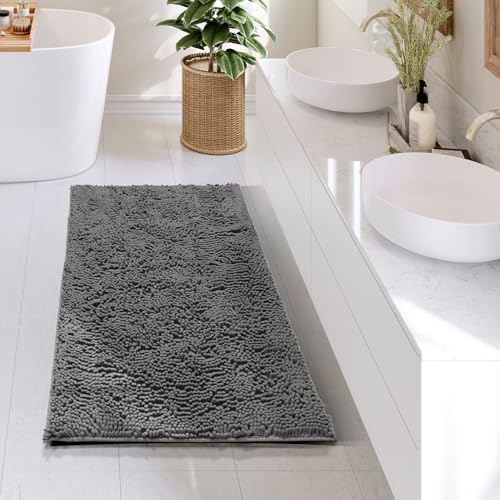 Hearth & Harbor Bathroom Rugs, Chenille Bath Mat - Machine Washable Bath Mats for Bathroom Non-Slip Backing Rubber, Quick Dry Bathroom Mat - Grey 24x36