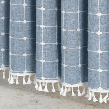 Boho Farmhouse Classic Plaid Linen Tassel Shower Curtain Blue,72x84