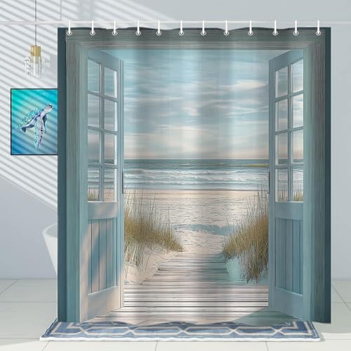 Blue Beach Barn Door Shower Curtain, Rustic Country Ocean Coastal Seaside Scenery Decor Bath Curtains, Retro Teal Wood Waterproof Bathroom Accessories Set, 60 x 70 inch with Hooks