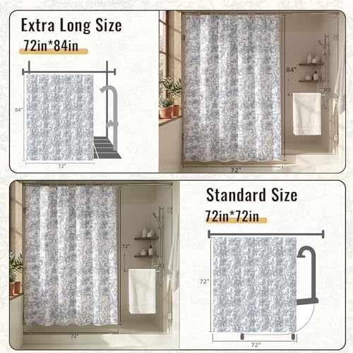 Farmhouse Blue Floral Shower Curtain with 12 Clear Rings 72"W x 84"L