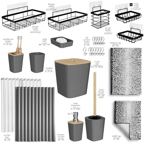 Clara Clark Bathroom Accessories Set - 27PC Bathroom Set with Adhesive Corner Shower Caddy Hanging, Bathroom Sets with Shower Curtain and Rugs, Ombre Grey Shower Curtain Set with Bathroom Trash Can