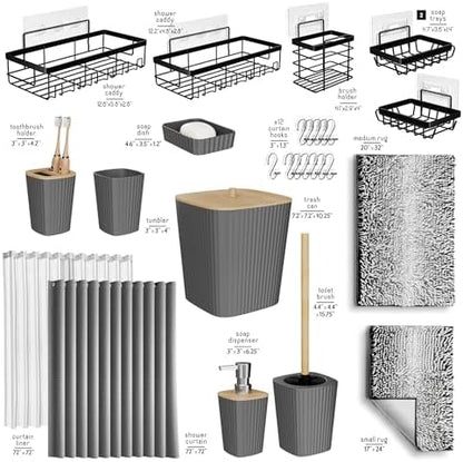Clara Clark Bathroom Accessories Set - 27PC Bathroom Set with Adhesive Corner Shower Caddy Hanging, Bathroom Sets with Shower Curtain and Rugs, Ombre Grey Shower Curtain Set with Bathroom Trash Can