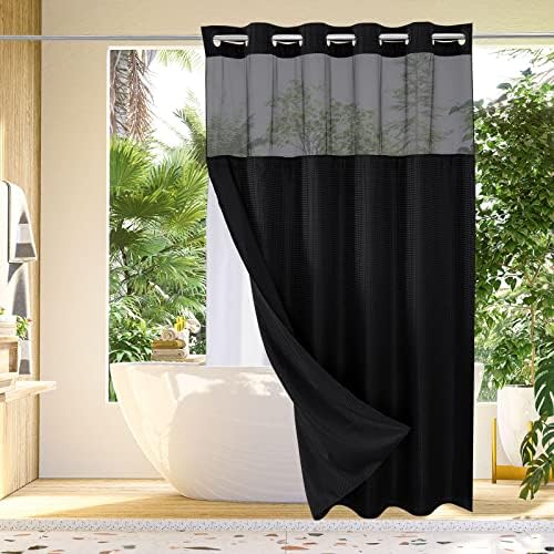 Gibelle No Hook Cloth Black Shower Curtain with Liner, 72x74