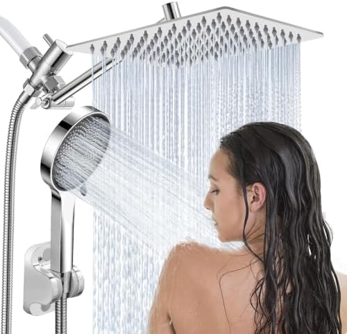 Shower Head,10”Rain Shower Head with Handheld Spray Combo and Adjustable Extension Arm/3-Way Flow Regulator/Shower System,High Pressure Rain Fall Hose,Chrome