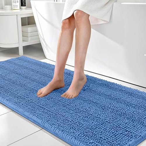 OLANLY Bathroom Runner Rugs 70x24, Soft Chenille Bath Rugs, Cornflower Blue