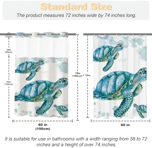 Beach Nautical Sea Turtle Theme No Hook Waffle Weave Shower Curtain with Snap in Liner Nautical Beach Bathroom Blue Ocean Decor Set 60 W x 74 H Inch Teal
