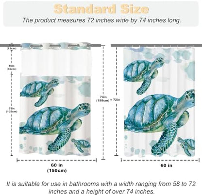 Beach Nautical Sea Turtle Theme No Hook Waffle Weave Shower Curtain with Snap in Liner Nautical Beach Bathroom Blue Ocean Decor Set 60 W x 74 H Inch Teal
