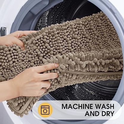 ACCUMTEK Upgrade Luxury Dark Beige Bathroom Rug Mat 48"x17", Ultra Soft Thick Absorbent Bath Mats, Non Slip Chenille Toilet Mat for Bathroom, Bedroom, Kitchen, Shower, Tub, Taupe