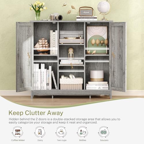 Iwell Storage Cabinet with 2 Doors and 4 Adjustable Shelves, Buffet Cabinet with Storage, Floor Cabinet for Living Room, Entryway, Kitchen, Rustic Gray