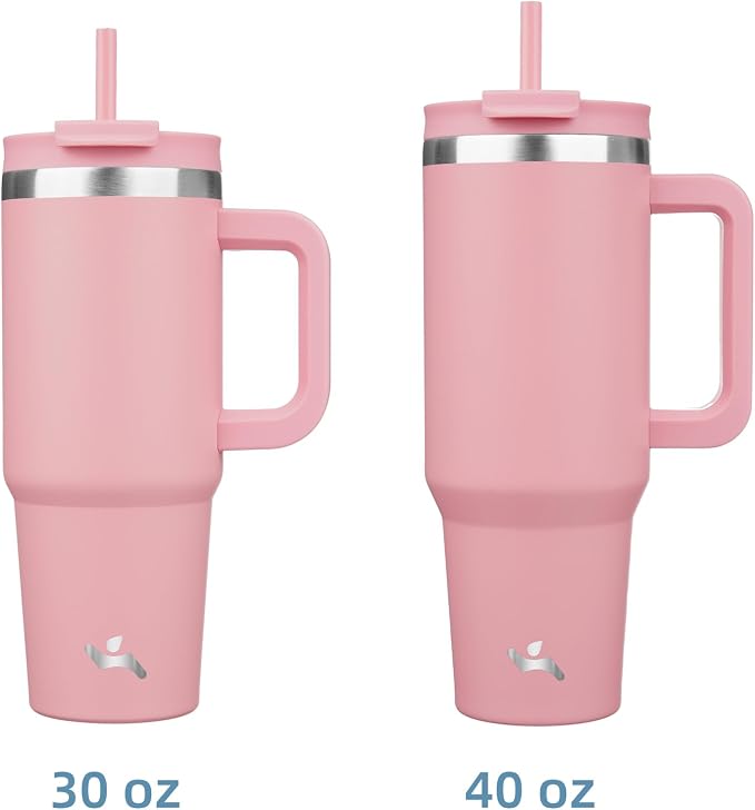 Konokyo 40 oz Tumbler with Handle and 2 Straws,2 in 1 Lid Insulated Water Bottle Stainless Steel Travel Coffee Mug,Pink