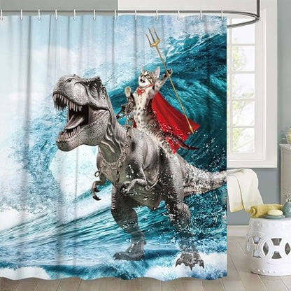 Funny Cat Shower Curtain, Cool Cat Dinosaur Japanese Ocean Wave Shower Curtain, Cat Riding Dinosaur Fun Shower Curtain Nautical Kids Children Rustic Wooden Farmhouse Shower Curtain, 72X72inch, Blue