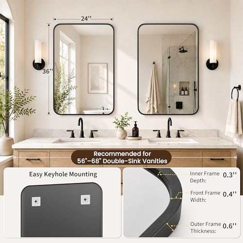 2-Pack 24x36 Inch Matte Black Rounded Rectangle Vanity Mirrors