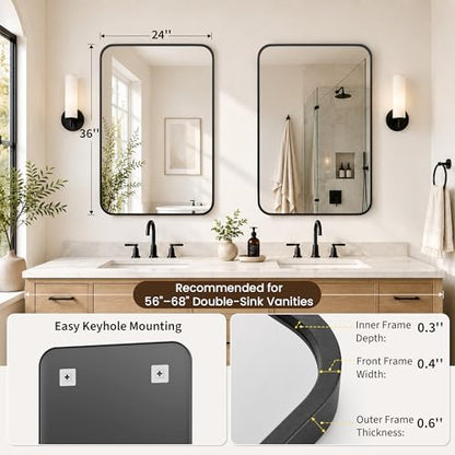 2-Pack 24x36 Inch Matte Black Rounded Rectangle Vanity Mirrors