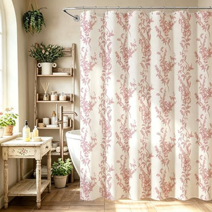 Red Linen Farmhouse Shower Curtain, Boho Floral Bathroom 72x72