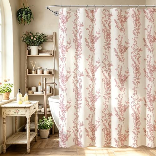 Red Linen Farmhouse Shower Curtain, Boho Floral Bathroom 36x72
