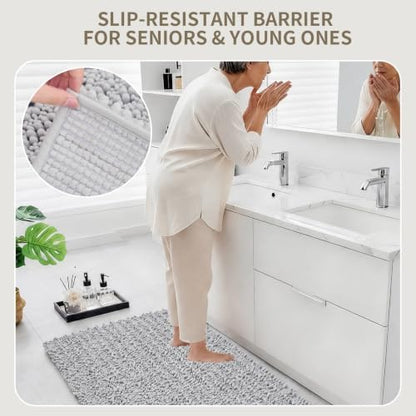 Bathroom Rugs Non Slip Washable 70x24, Extra Thick Soft Chenille Absorbent Bath Mat, High Density Barrier Non Slip Backing, Quick Dry Plush Shaggy Floor Carpet for Tub&Shower, Silver