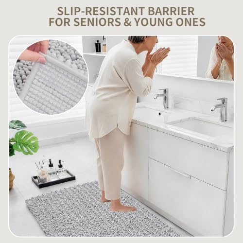 Bathroom Rugs Non Slip Washable 44x24, Extra Thick Soft Chenille Absorbent Bath Mat, High Density Barrier Non Slip Backing, Quick Dry Plush Shaggy Floor Carpet for Tub&Shower, Silver