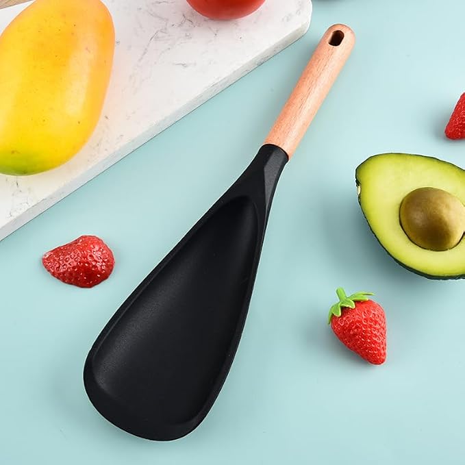2 Pcs Wooden Handle Silicone Cooking Spoon Set for Nonstick Cookware Cooking, Baking, Stirring ，BPA-Free Heat-Resistant Spatula for Mixing, Flipping, Scraping (2 Pcs Black)