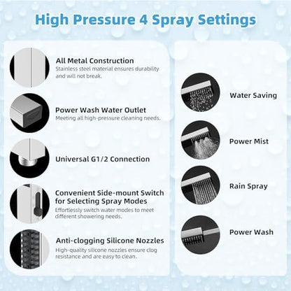 Hibbent All Metal CUPC Certified 8'' Rainfall Shower Head, Dual Shower Head Combo with 4 Handheld Sprays, High Pressure Shower Wand, 16'' Adjustable Extension Arm, 71'' Hose, Shower Holder, Chrome