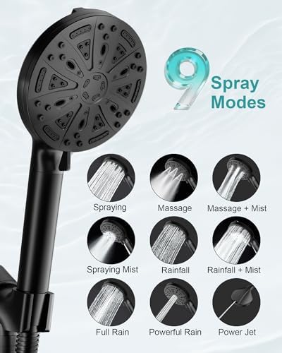 Black Filtered Shower Head Handheld, 5 Filters Hard Water Softener