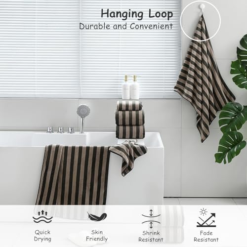 18 Pcs Brown Cabana Stripe Bath Towel Set with Hanging Loop-6 Bath Towels,6 Hand Towels,6 Washcloths Soft Microfiber Family Towels Highly Absorbent Quick Dry Shower Towel for Bathroom Beach Spa Gym