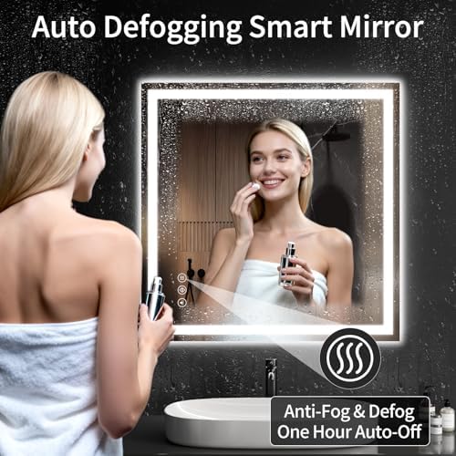 LED Bathroom Mirrors 32"x32" Bathroom Mirror with Lights for Wall, Backlit + Front Lit, 3 Colors, Anti-Fog, Dimmable Brightness for Vanity,Bathroom, Entryway, Living Room