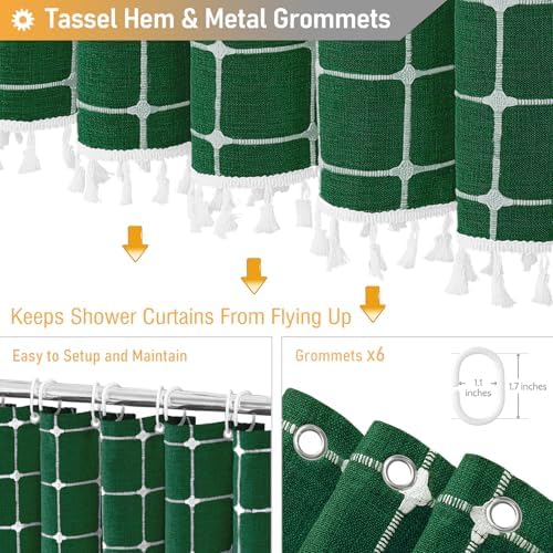 BTTN Stall Boho Farmhouse Linen Shower Curtain Set, 36x72, Emerald Green