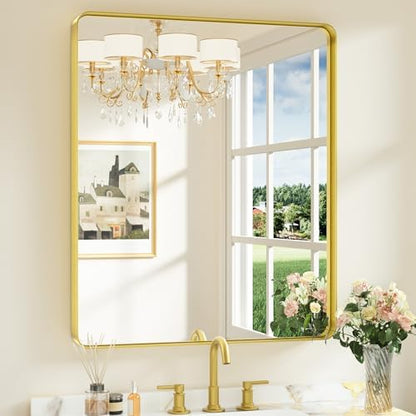 Keonjinn 30 x 36 Inch Brushed Gold Bathroom Vanity Mirror, Aluminum Frame