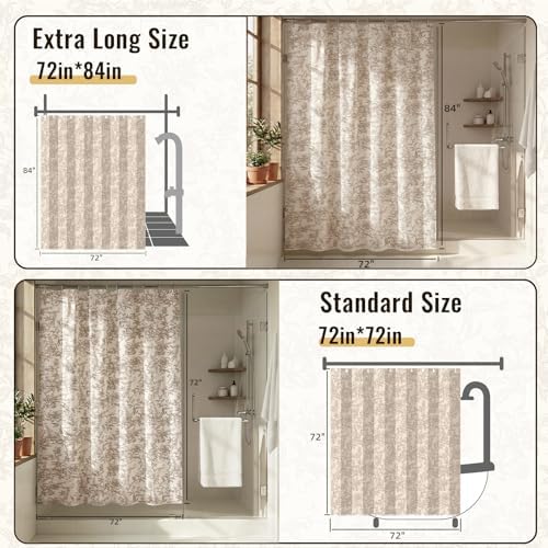 Farmhouse Beige Floral Shower Curtain with 12 Clear Rings 72"W x 84"L